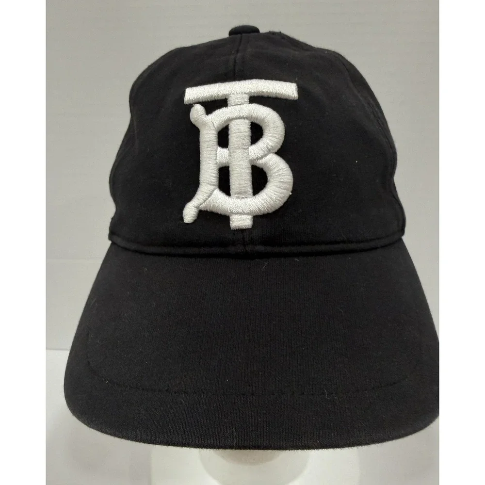 Burberry TB Logo Cotton Baseball Cap Black Checked Brim Mens Medium Hat